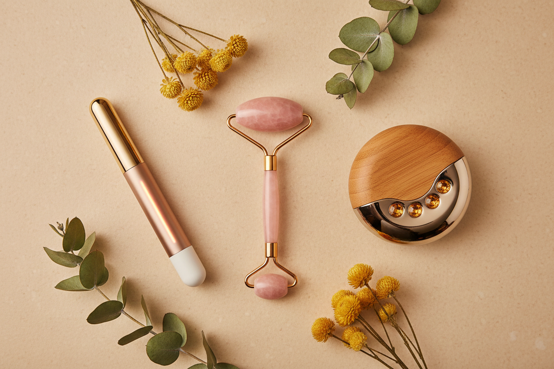 A curated selection of premium beauty devices including a facial massager and LED therapy tool, arranged with sage green leaves and golden botanicals on a cream surface