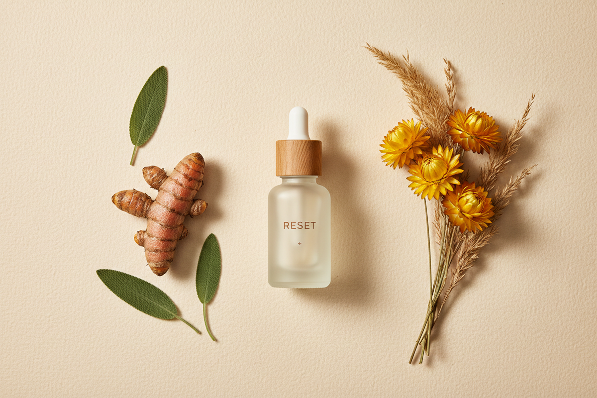  "A flat lay of premium beauty devices including a facial massager and LED therapy tool, arranged with sage green eucalyptus leaves and golden dried botanicals on a warm cream surface.