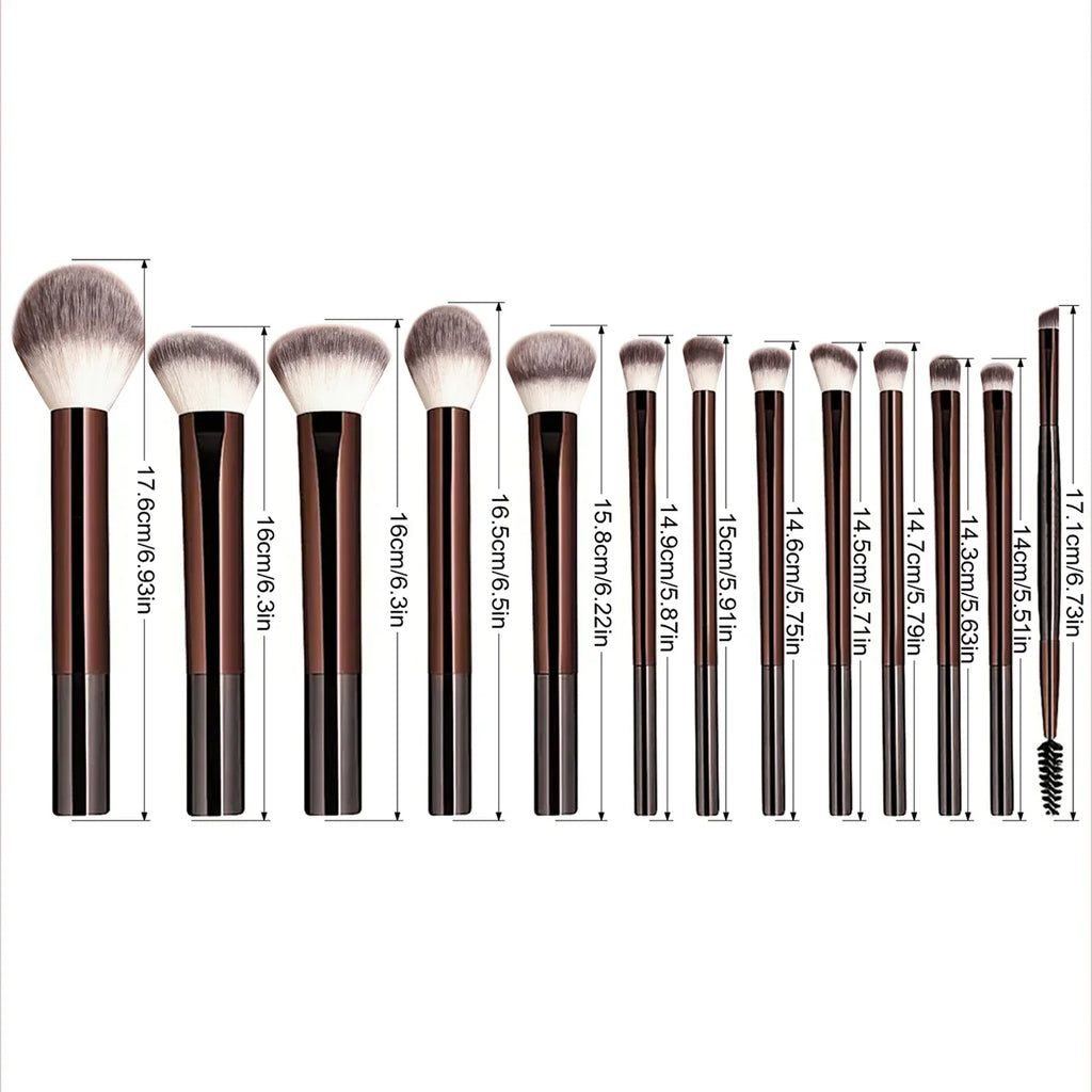Set of makeup brushes with measurements on a white background