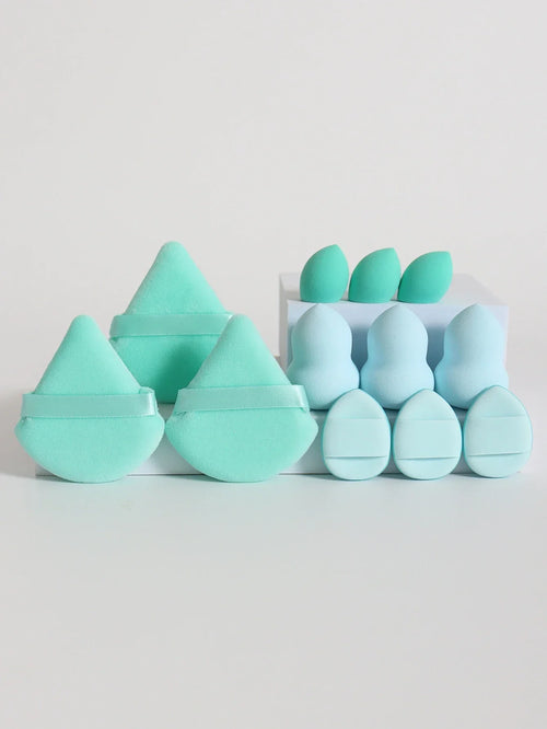 12-piece makeup sponge set with powder puffs blending sponges and beauty eggs in turquoise