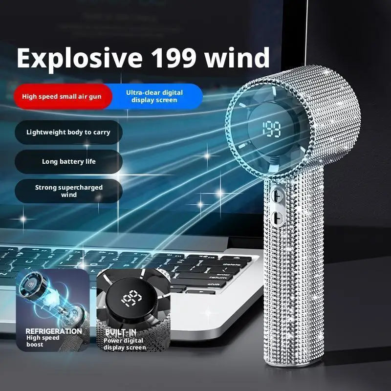Diamond mini fan feature infographic showing 199-speed wind, digital display, long battery life, and Type-C charging