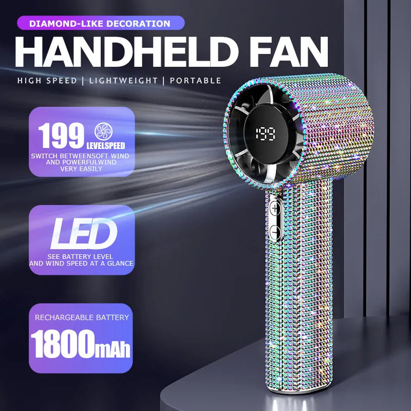 Rainbow holographic diamond portable mini fan with LED digital display – front view