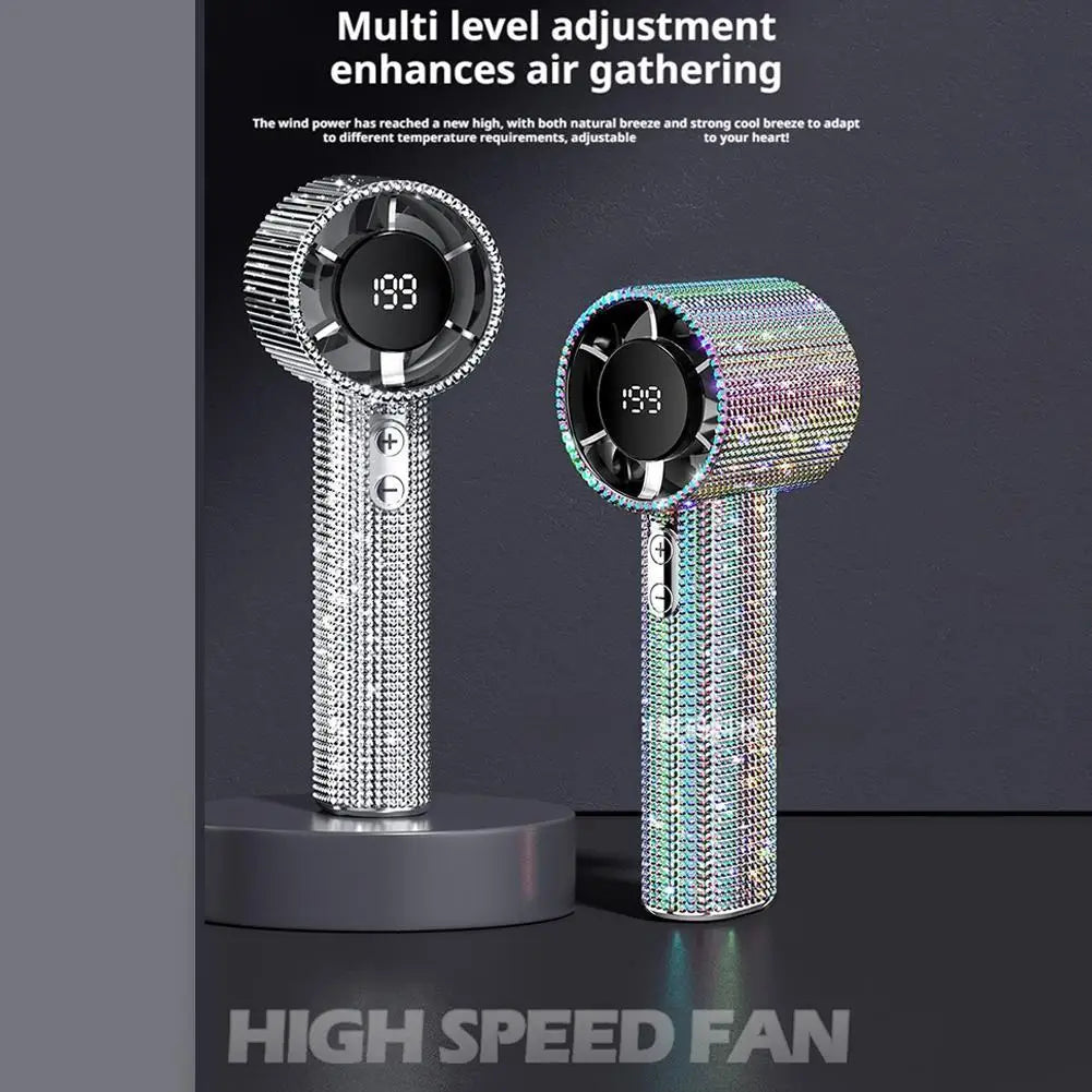 Diamond mini fan size comparison showing compact portable design for travel and commuting