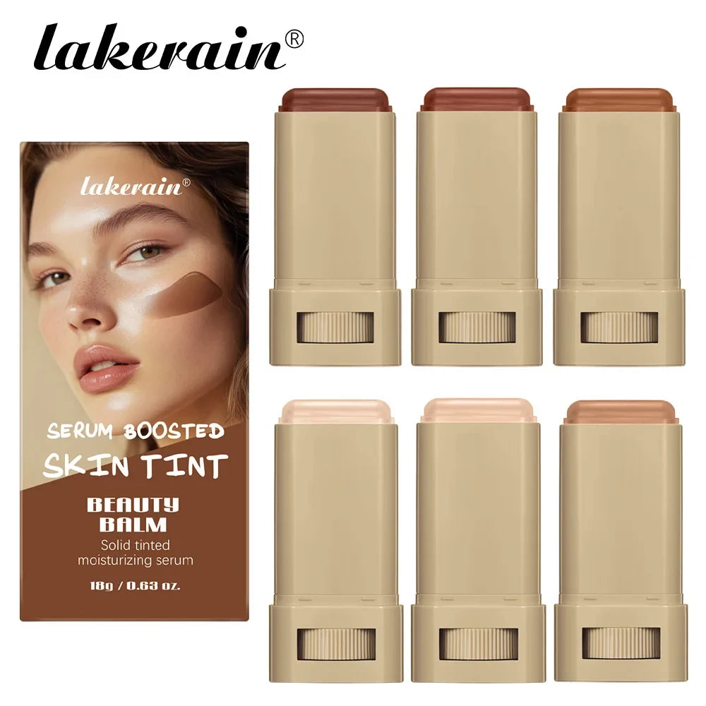 Lakerain serum boosted skin tint beauty balm with packaging and application on face.