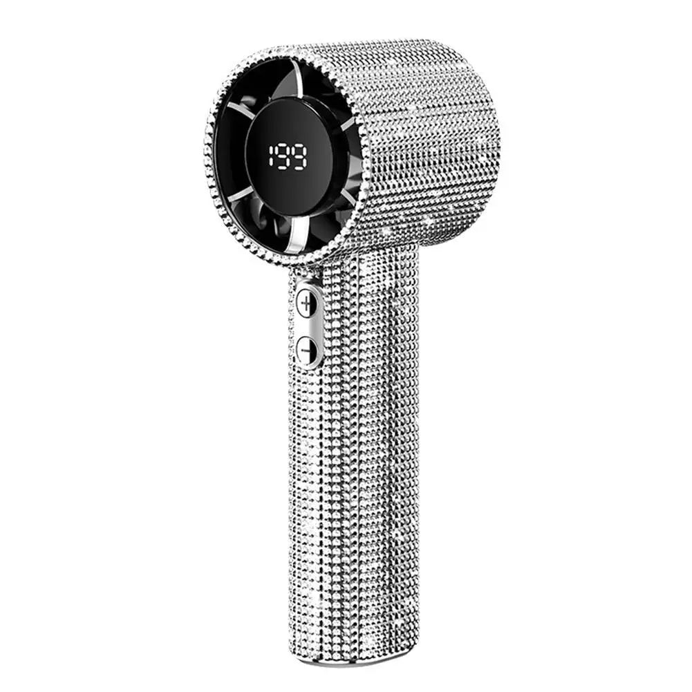 Silver diamond rhinestone portable mini fan with LED display – isolated white background