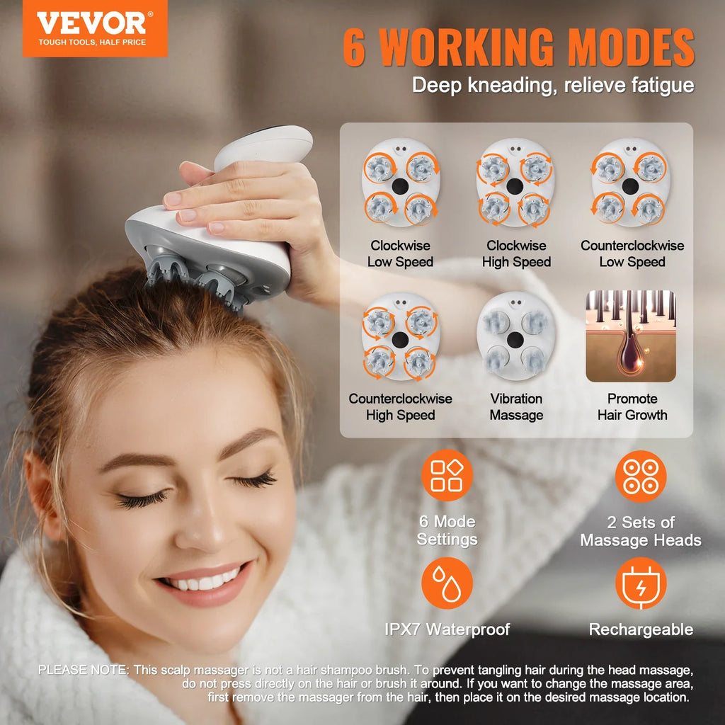 Electric Scalp Massager — Portable Head Massager, 6-Mode Rechargeable