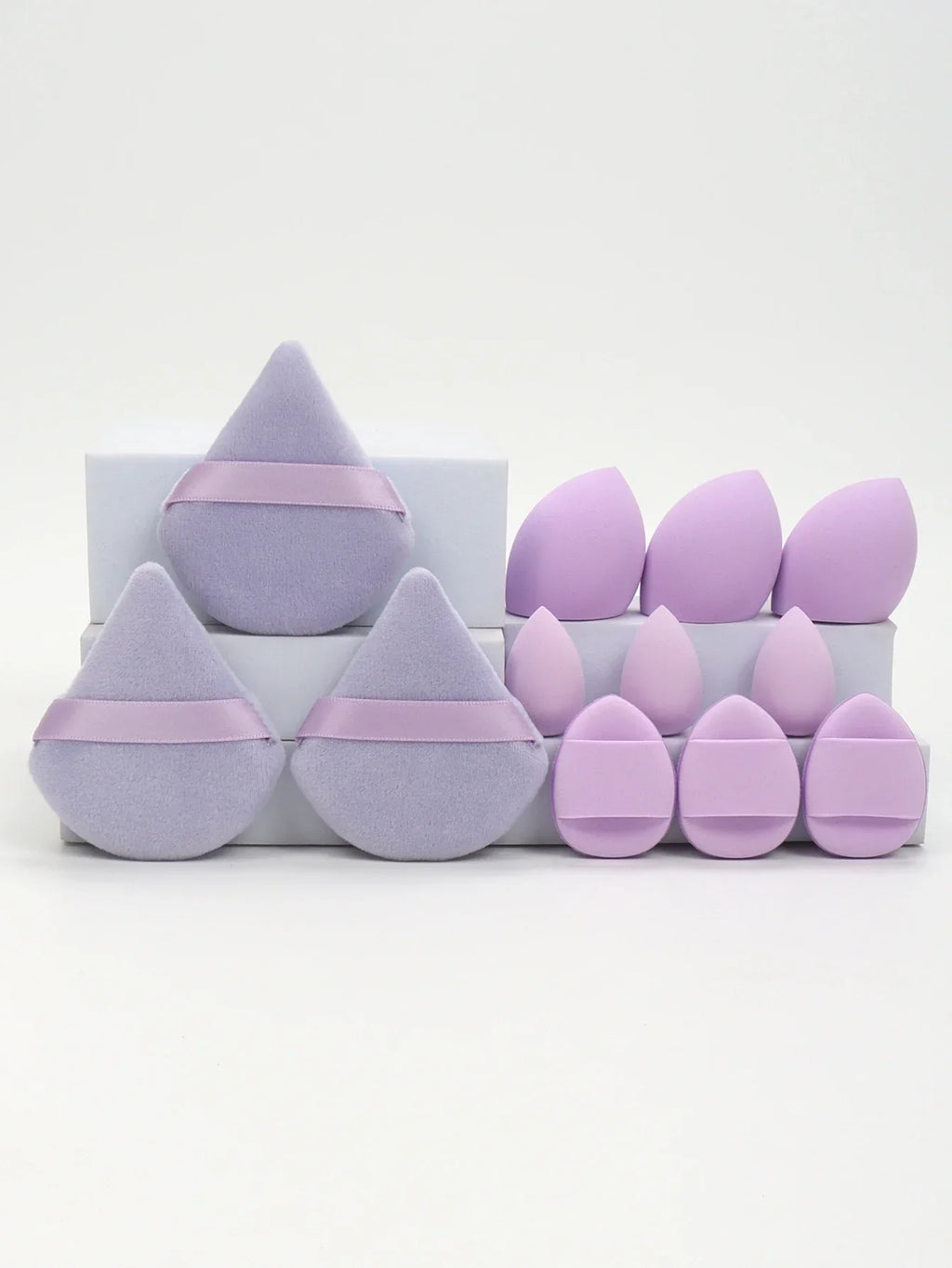 12-piece makeup sponge set with powder puffs blending sponges and beauty eggs in lavender