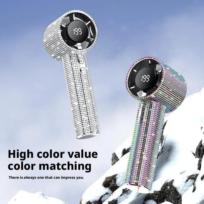 Silver diamond mini handheld fan with turbo blade and digital speed display – close-up