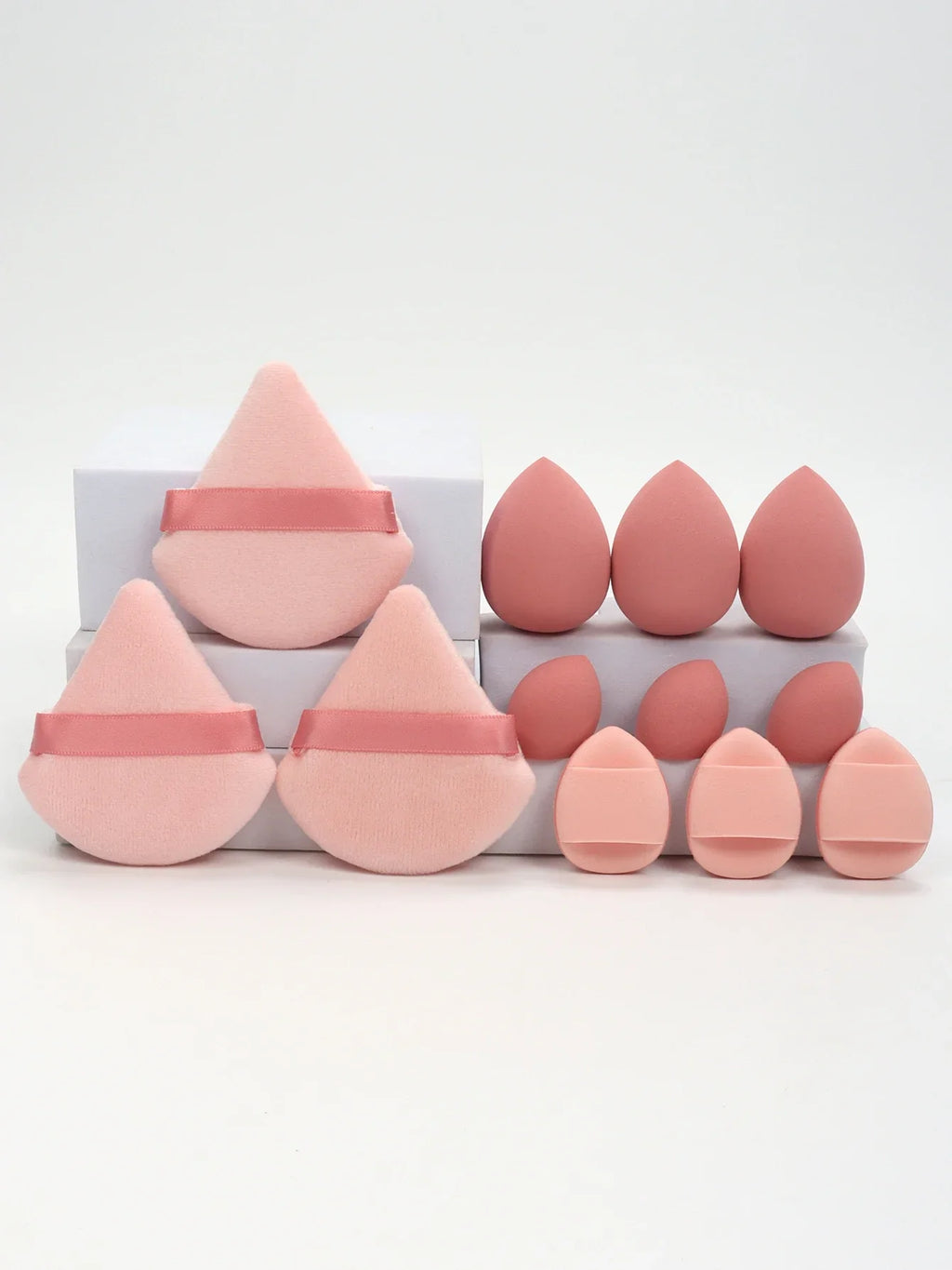 12-piece makeup sponge set with powder puffs blending sponges and beauty eggs in pink