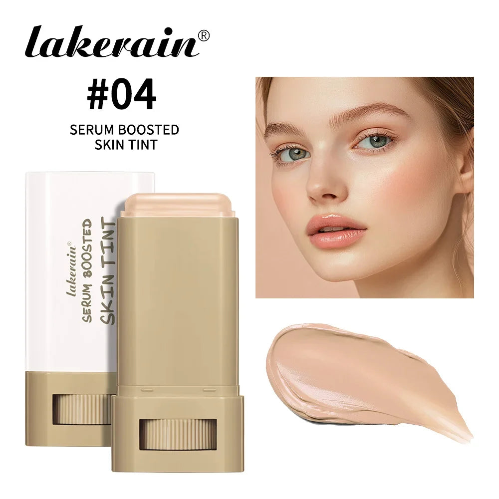 Lakerain serum boosted skin tint stick with a model's face and swatch on a white background
