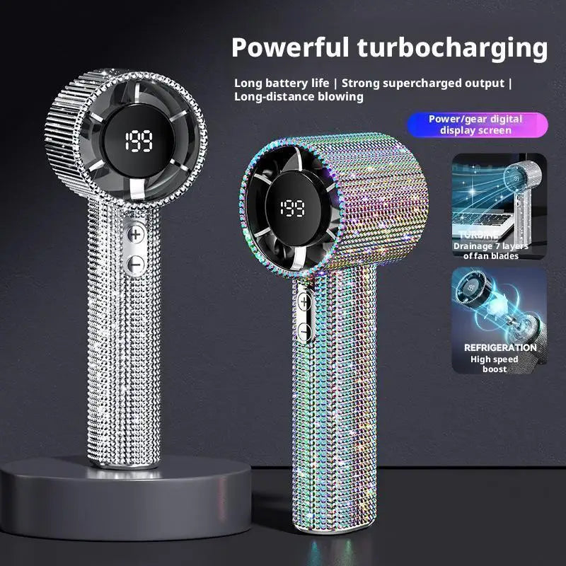 Diamond rhinestone portable mini fan in silver with LED digital display – front view