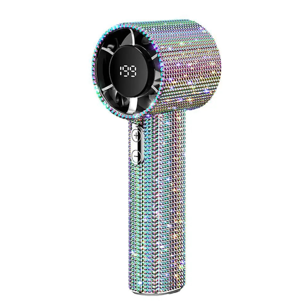 Rainbow holographic diamond portable mini fan with LED display – isolated white background