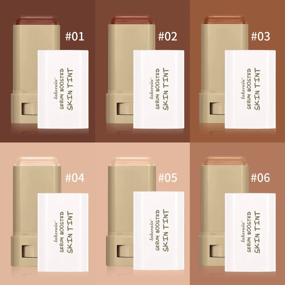 Six serum tint sticks with labels on a brown background
