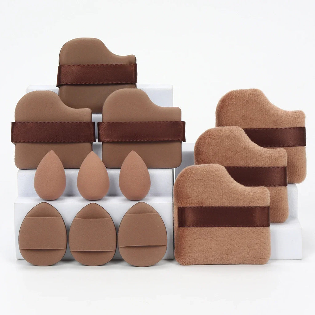 12-piece makeup sponge set with powder puffs blending sponges and beauty eggs in brown