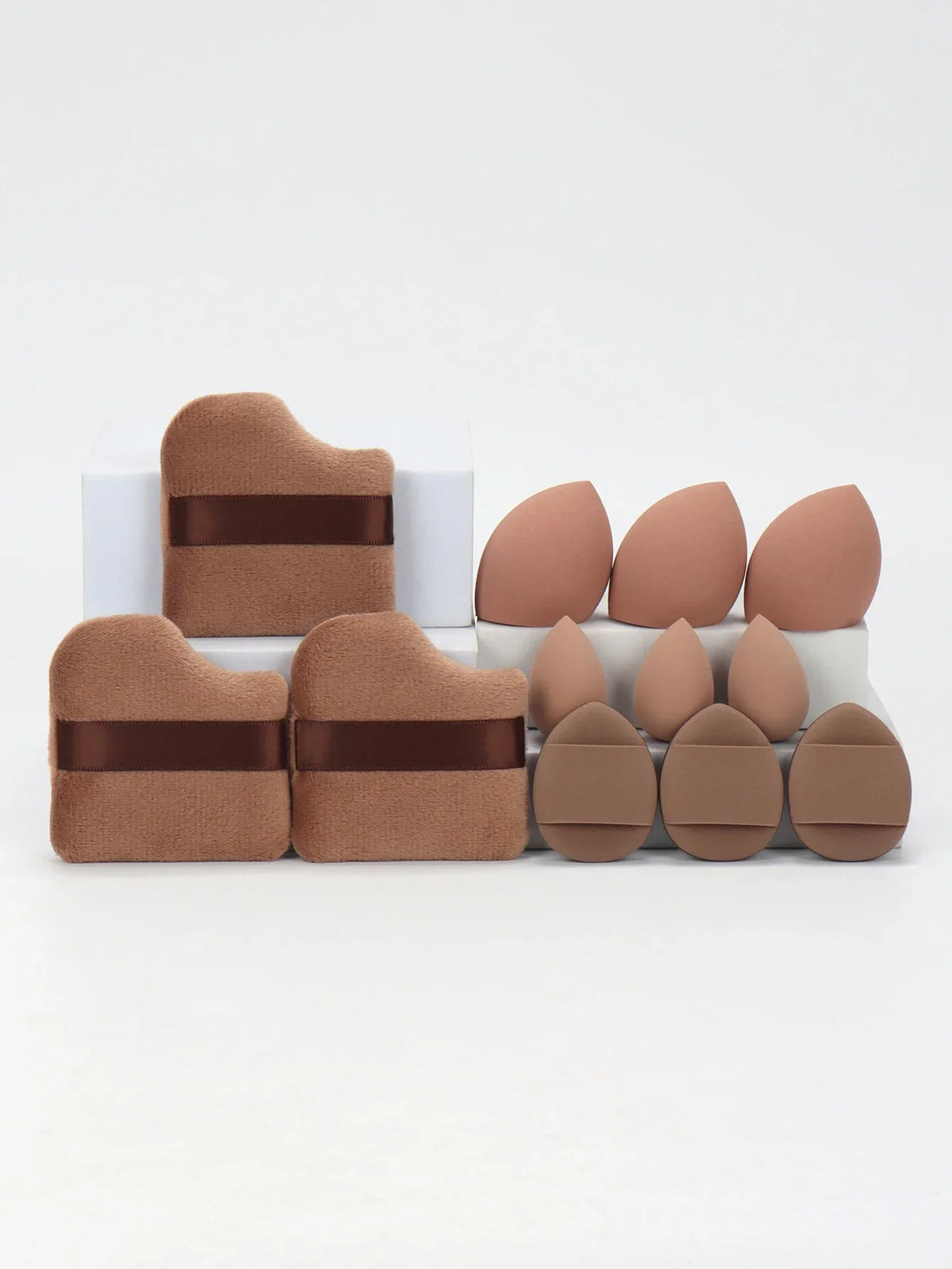 12-piece makeup sponge set with powder puffs blending sponges and beauty eggs in brown