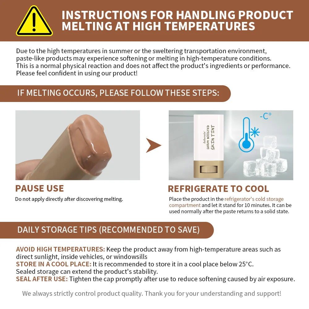 Instructions for handling product melting at high temperatures with visual steps and text.