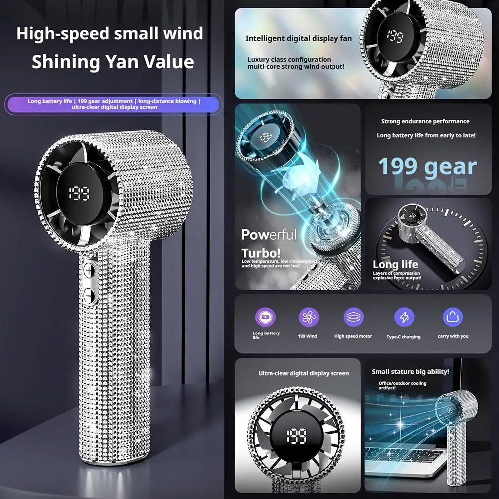 Silver diamond mini fan product detail collage showing turbo motor, digital display, and key features